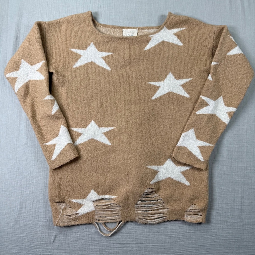 Fantastic Fawn Sweater Womens Small Star Print Distressed Hem Knit Tan White